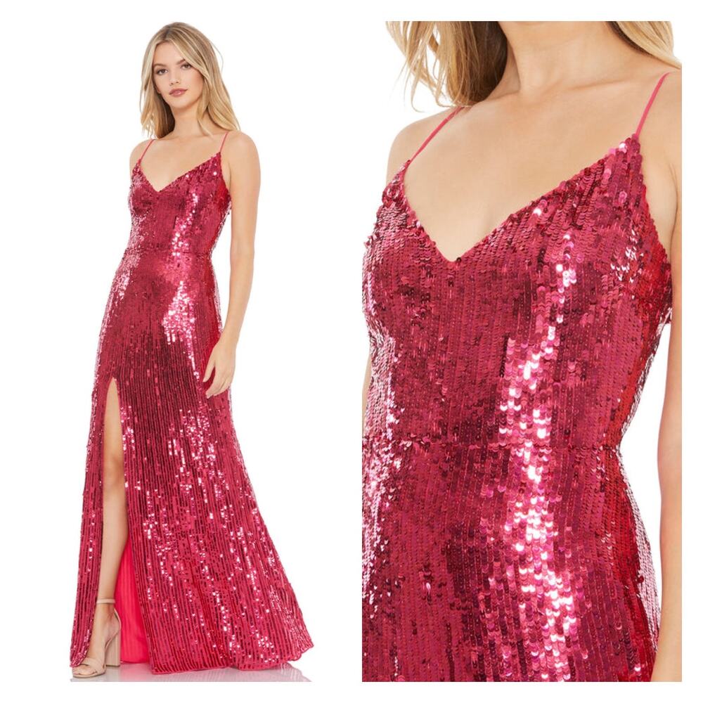 Mac Duggal Pink Sequin Spaghetti Strap V-Neck Slip Gown Size 12 $398 10737